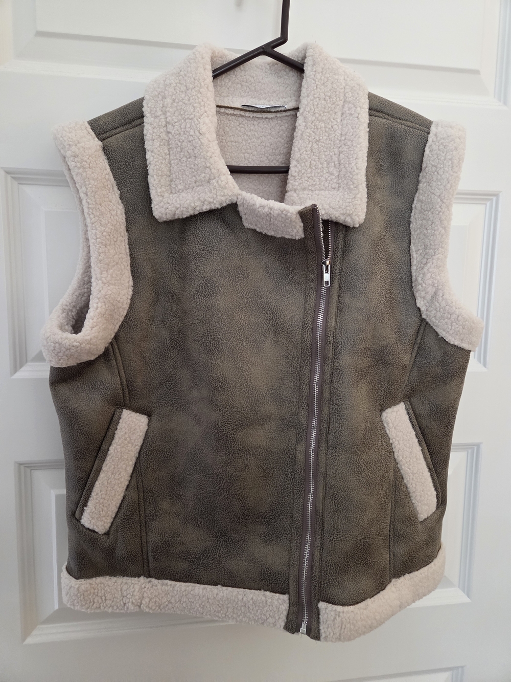Staccato Brown/Olive Faux Shearling Vest with Cream Trim